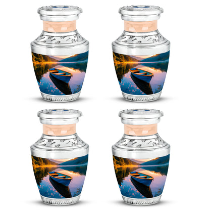 Aqua Teal Boat Cremation Urn back view with polished surface - stylized abstract boat pattern with bold lines - 10 inch aluminum urn for cremated remains