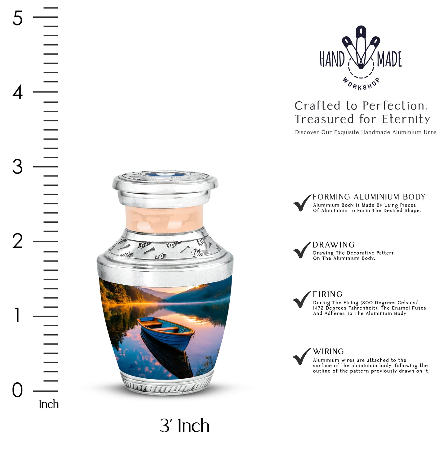 Jewel Teal Boat Cremation Urn top-down view of secure threaded lid - modern art-inspired boat motif on sleek aluminum - mini keepsake memorial for portion of cremation ashes