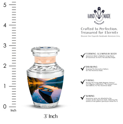 Jewel Teal Boat Cremation Urn top-down view of secure threaded lid - modern art-inspired boat motif on sleek aluminum - mini keepsake memorial for portion of cremation ashes