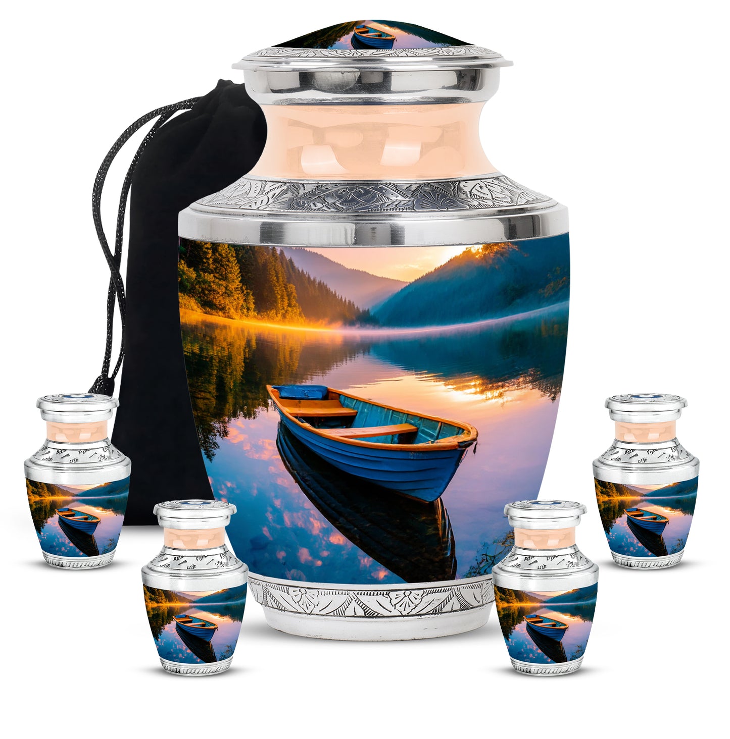 Soft Teal Boat Cremation Urn lifestyle display on memorial shelf - modern art-inspired boat motif on sleek aluminum - memorial set with one large and four small urns