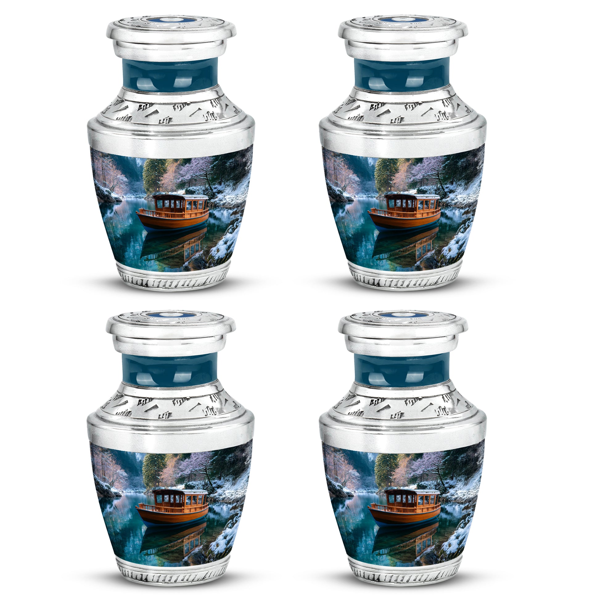 Navy Blue Boat Cremation Urn back view with polished surface - modern art-inspired boat motif on sleek aluminum - 10 inch aluminum urn for cremated remains