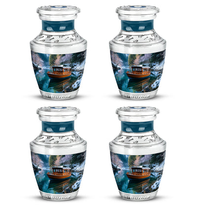 Navy Blue Boat Cremation Urn back view with polished surface - modern art-inspired boat motif on sleek aluminum - 10 inch aluminum urn for cremated remains
