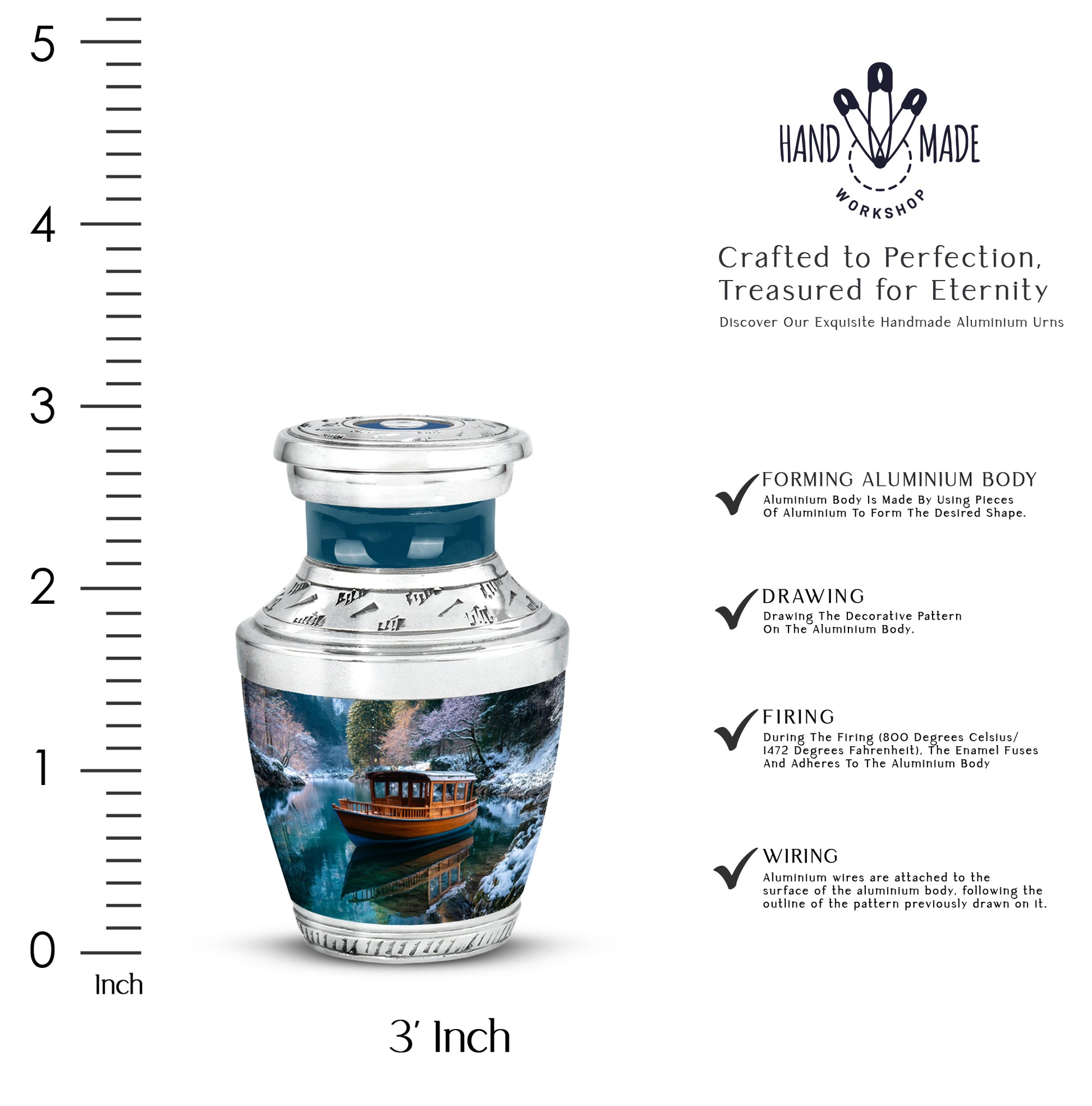 Indigo Boat Cremation Urn top-down view of secure threaded lid - contemporary boat design with modern artistic flair - mini keepsake memorial for portion of cremation ashes
