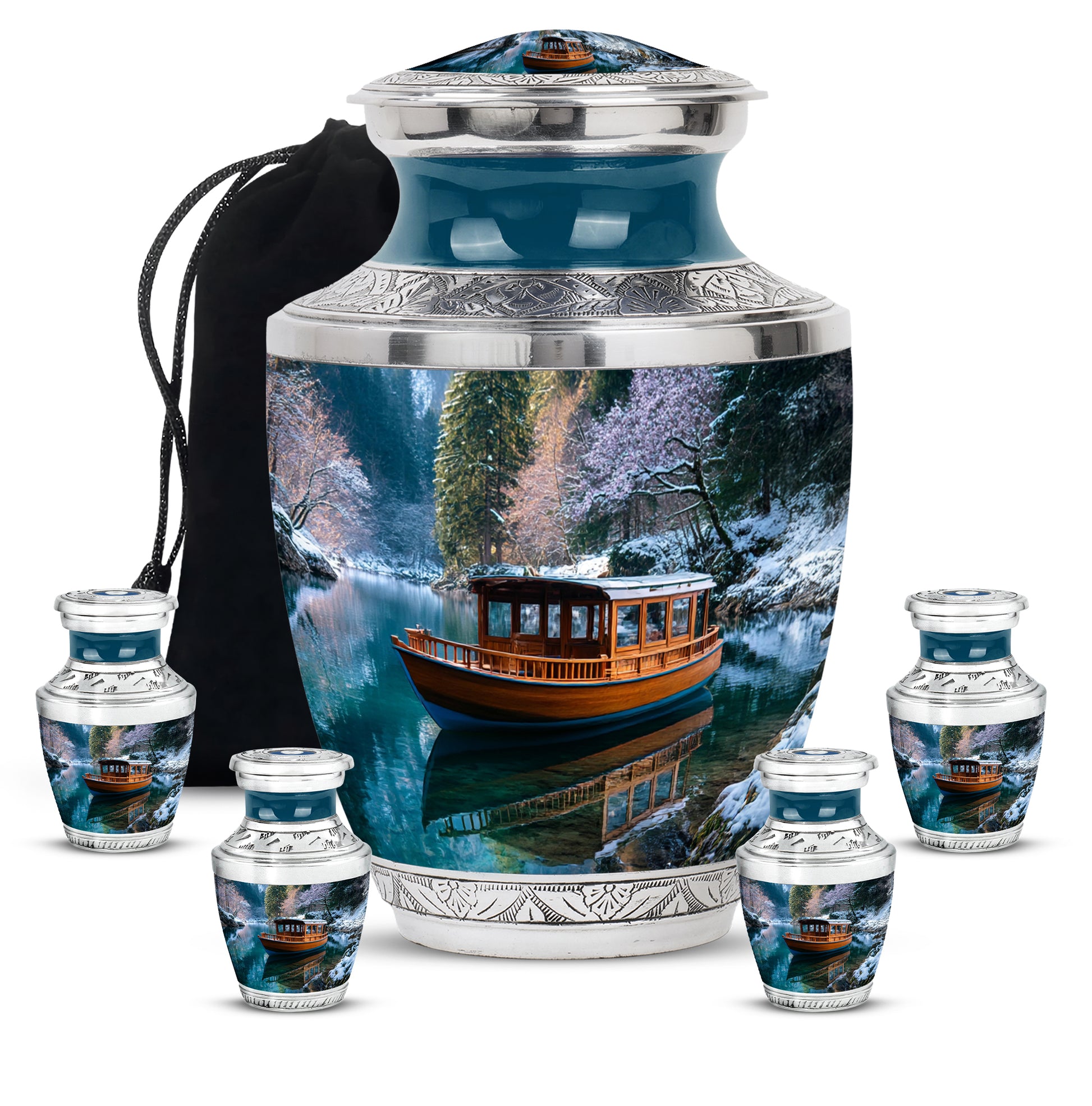 Cobalt Blue Boat Cremation Urn lifestyle display on memorial shelf - artistic boat interpretation with creative detail - memorial set with one large and four small urns