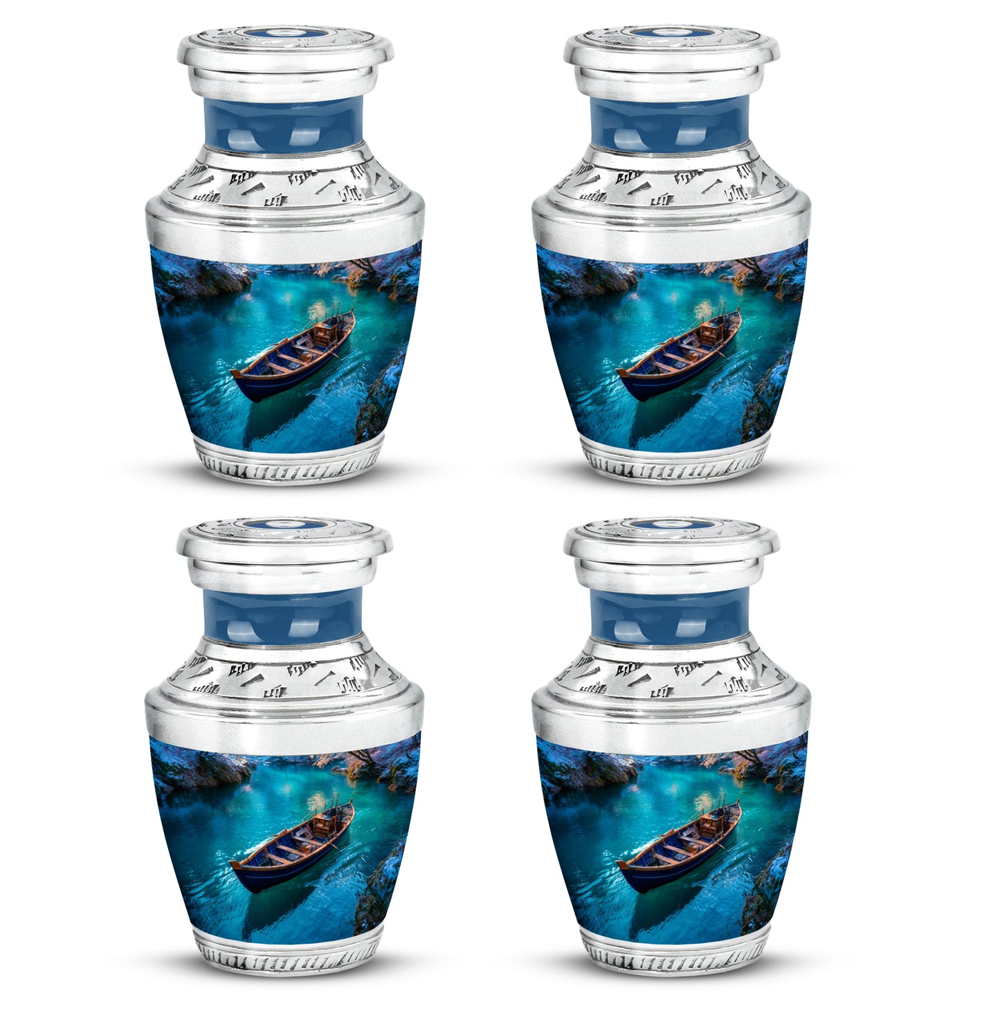 Navy Blue Boat Cremation Urn back view with polished surface - contemporary boat design with modern artistic flair - 10 inch aluminum urn for cremated remains