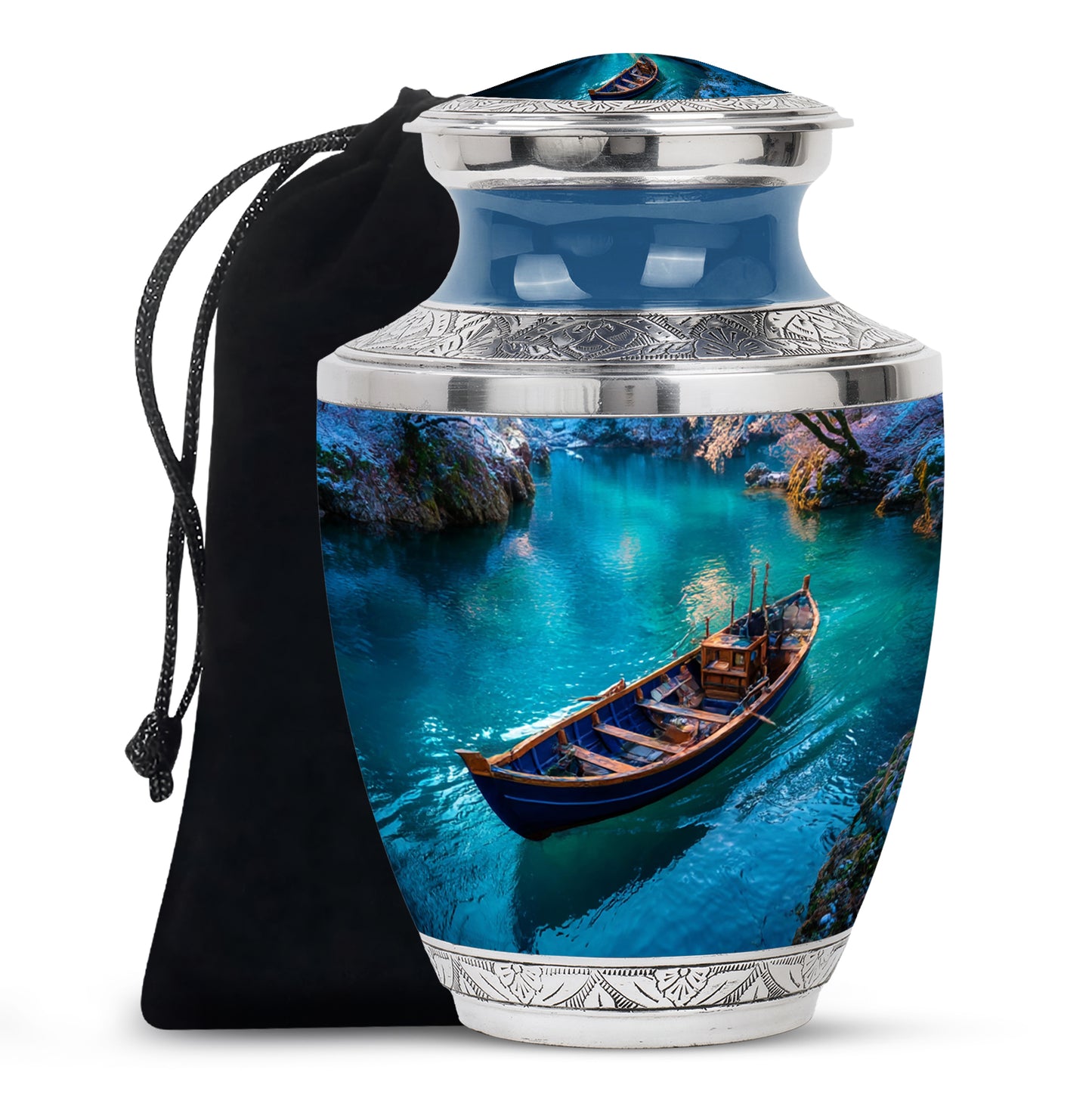 Soft Blue Boat Cremation Urn side profile showing urn shape - stylized abstract boat pattern with bold lines - full-size 10 inch 200 cubic inch adult cremation urn