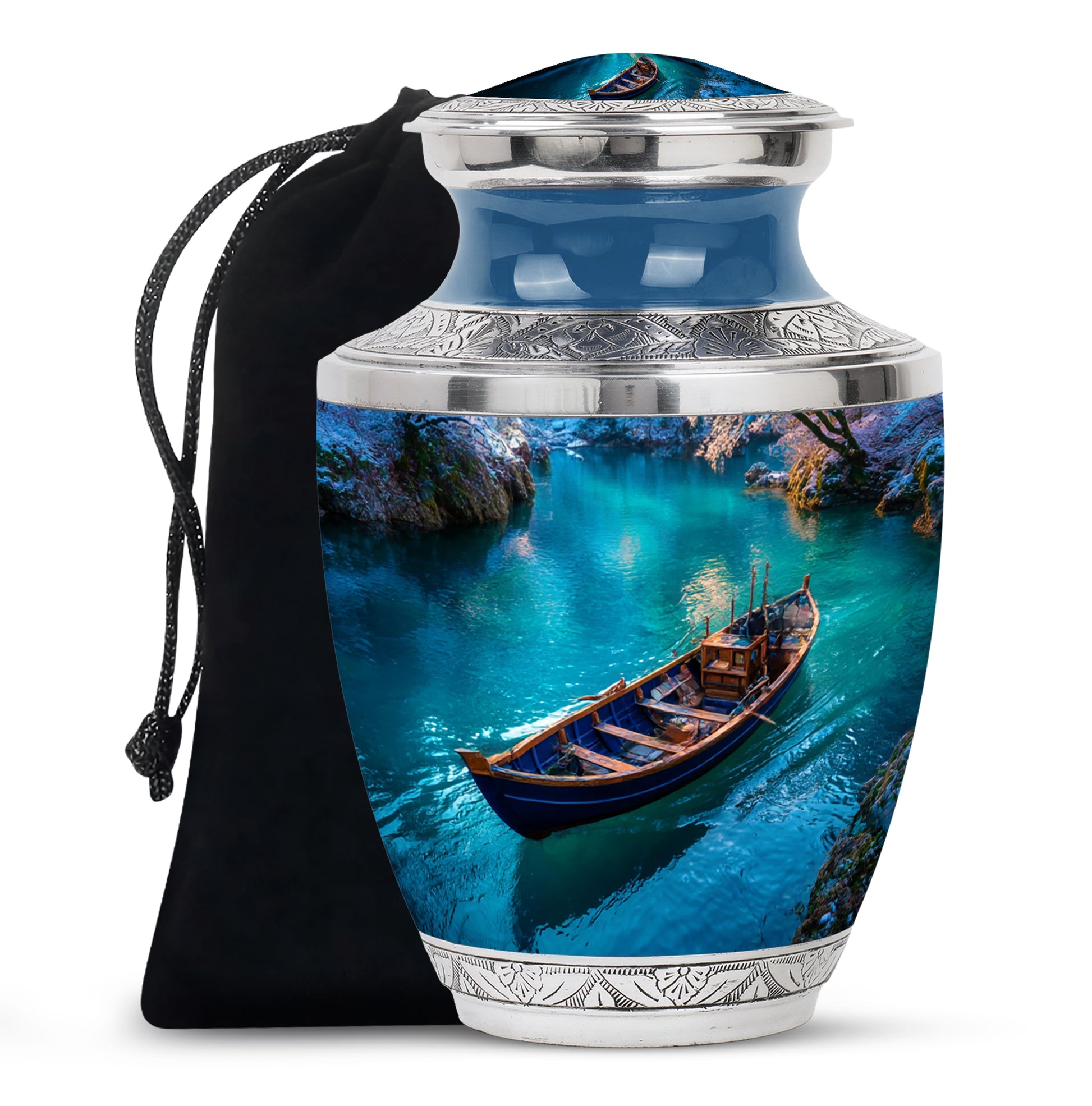 Soft Blue Boat Cremation Urn side profile showing urn shape - stylized abstract boat pattern with bold lines - full-size 10 inch 200 cubic inch adult cremation urn