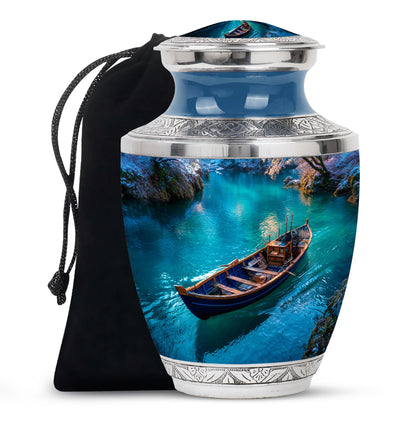 Soft Blue Boat Cremation Urn side profile showing urn shape - stylized abstract boat pattern with bold lines - full-size 10 inch 200 cubic inch adult cremation urn