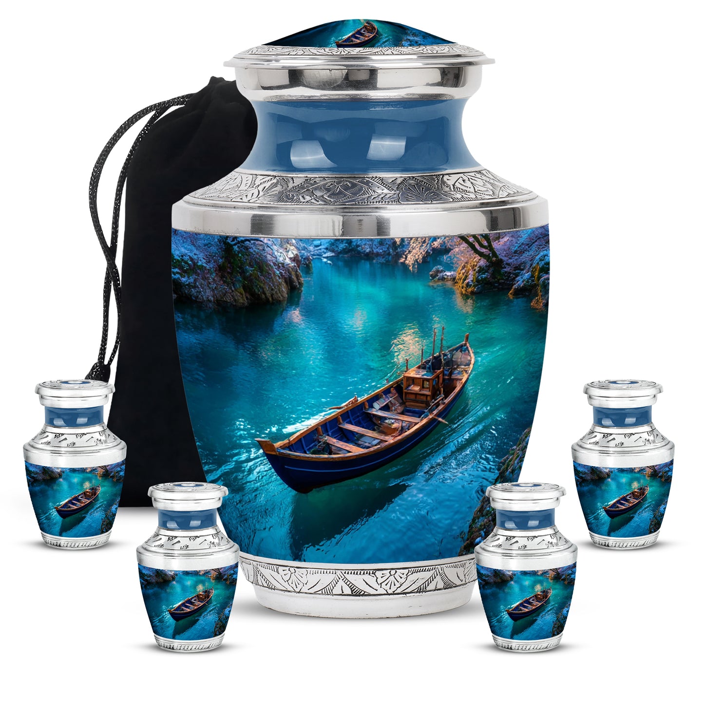 Cobalt Blue Boat Cremation Urn lifestyle display on memorial shelf - artistic boat interpretation with creative detail - memorial set with one large and four small urns