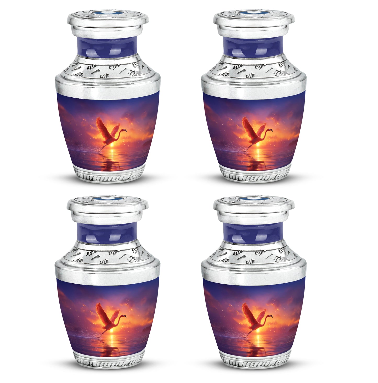 Plum Purple Flamingo Cremation Urn back view with polished surface - modern art-inspired flamingo motif on sleek aluminum - 10 inch aluminum urn for cremated remains