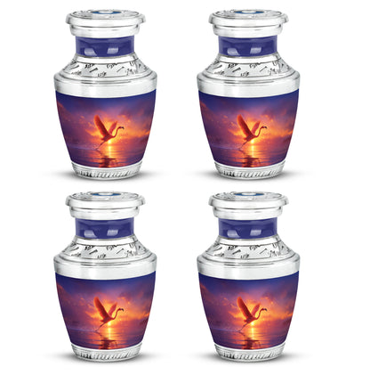 Plum Purple Flamingo Cremation Urn back view with polished surface - modern art-inspired flamingo motif on sleek aluminum - 10 inch aluminum urn for cremated remains