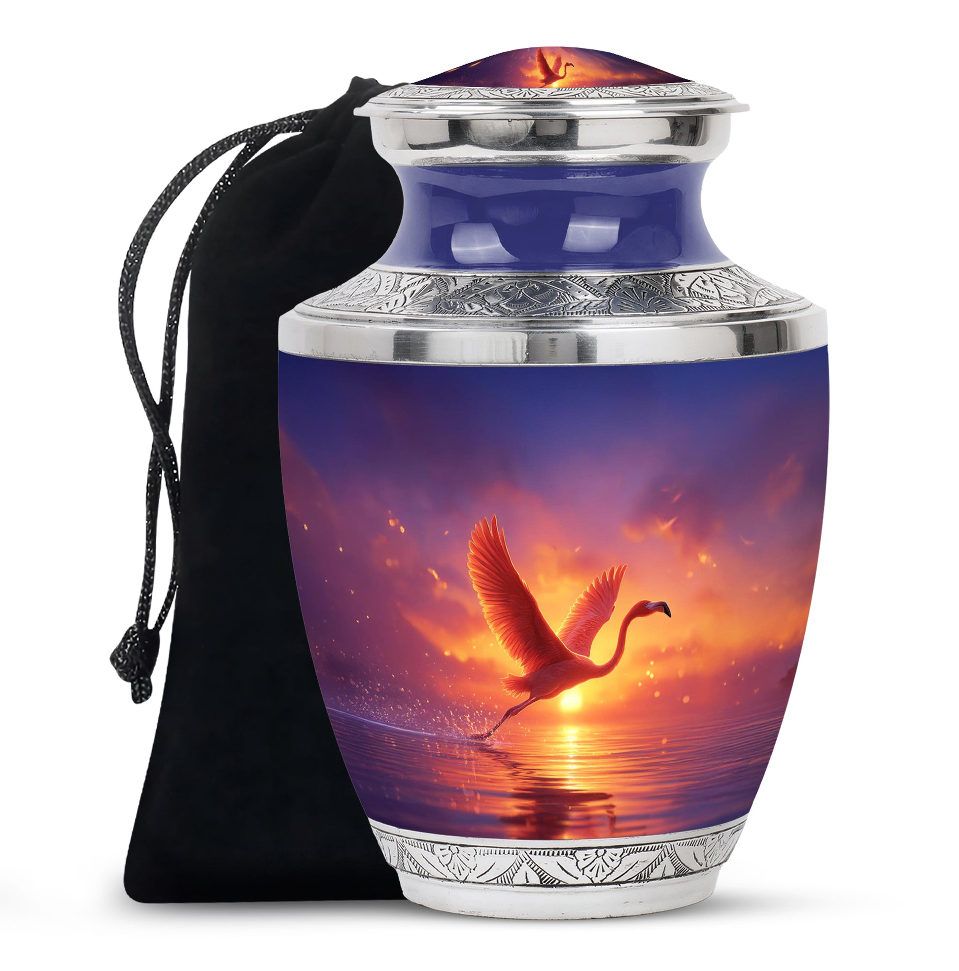 Majestic Purple Flamingo Cremation Urn side profile showing urn shape - contemporary flamingo design with modern artistic flair - full-size 10 inch 200 cubic inch adult cremation urn