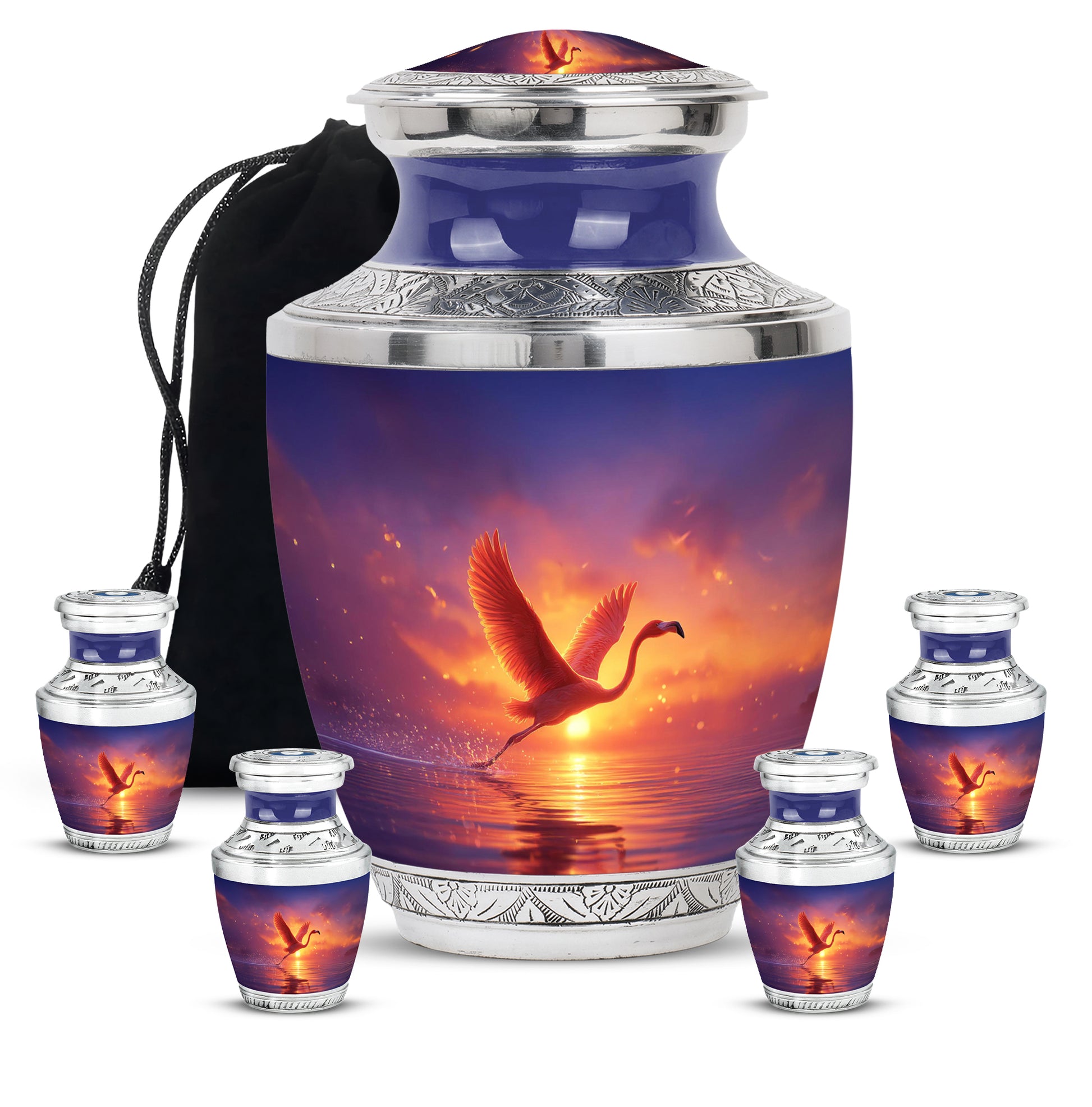 Amethyst Purple Flamingo Cremation Urn lifestyle display on memorial shelf - modern art-inspired flamingo motif on sleek aluminum - memorial set with one large and four small urns