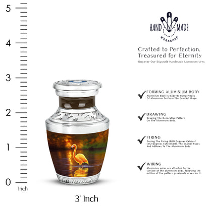 Matte Gold Flamingo Cremation Urn top-down view of secure threaded lid - stylized abstract flamingo pattern with bold lines - mini keepsake memorial for portion of cremation ashes