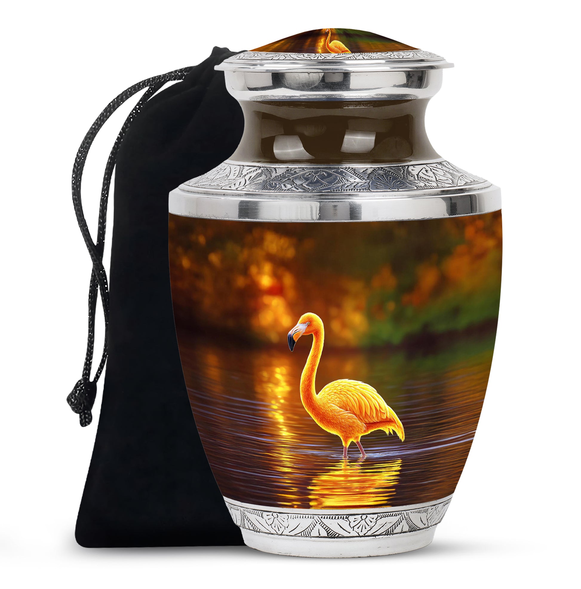 Warm Gold Flamingo Cremation Urn side profile showing urn shape - artistic flamingo interpretation with creative detail - full-size 10 inch 200 cubic inch adult cremation urn