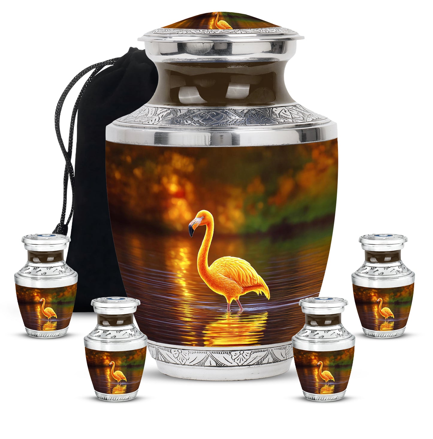 Champagne Gold Flamingo Cremation Urn lifestyle display on memorial shelf - contemporary flamingo design with modern artistic flair - memorial set with one large and four small urns