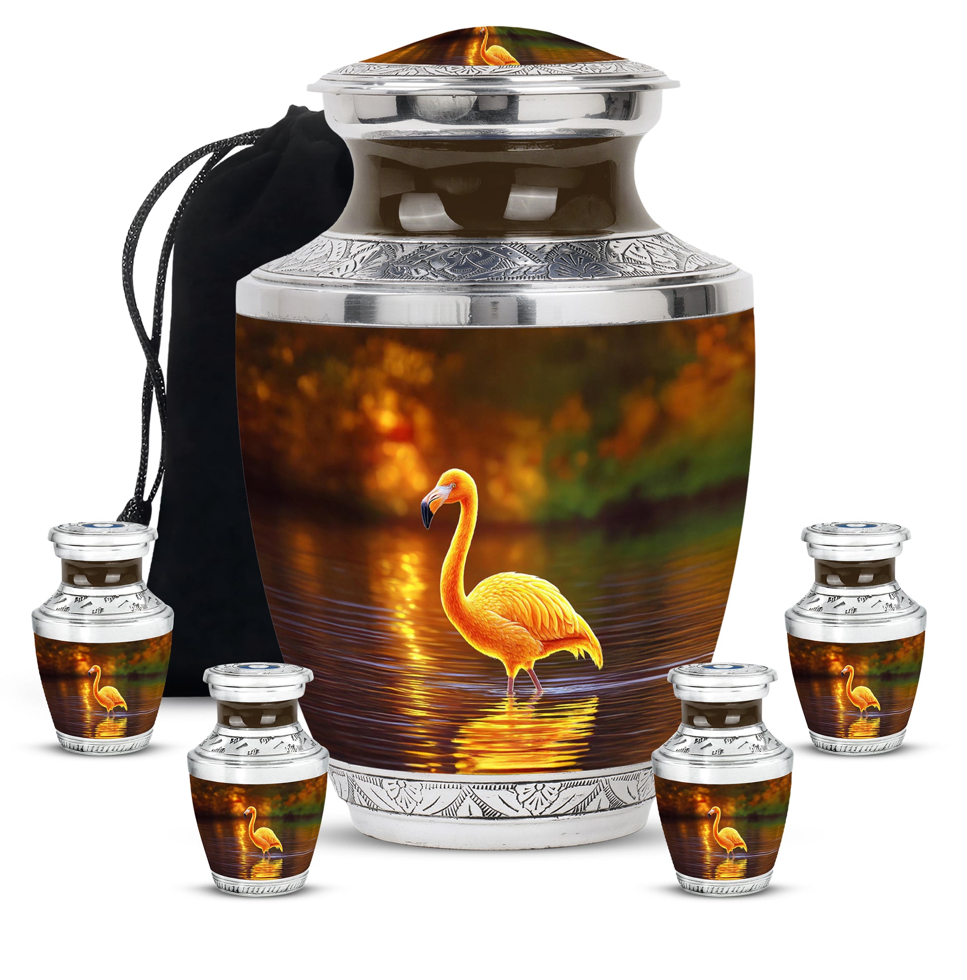 Champagne Gold Flamingo Cremation Urn lifestyle display on memorial shelf - contemporary flamingo design with modern artistic flair - memorial set with one large and four small urns
