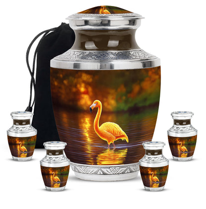 Champagne Gold Flamingo Cremation Urn lifestyle display on memorial shelf - contemporary flamingo design with modern artistic flair - memorial set with one large and four small urns