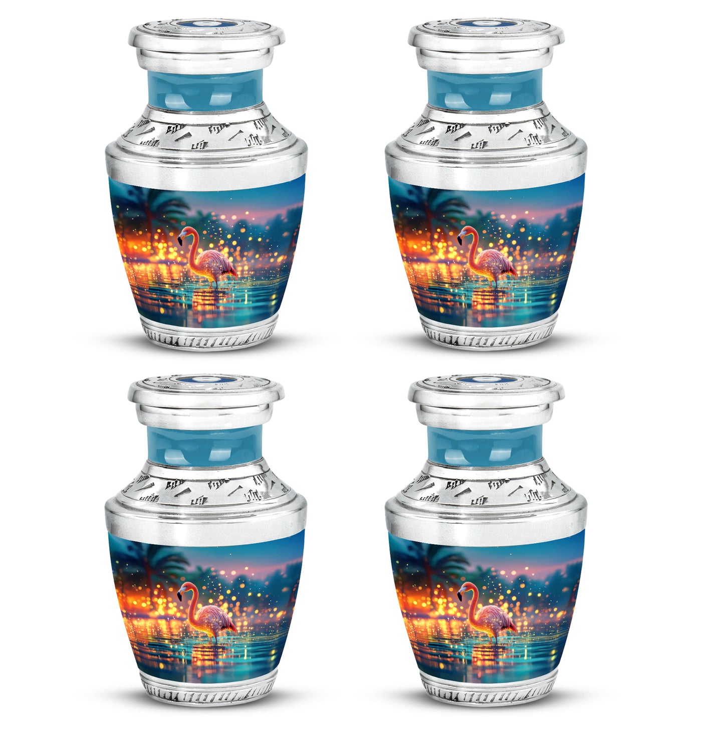 Jewel Teal Flamingo Cremation Urn back view with polished surface - contemporary flamingo design with modern artistic flair - 10 inch aluminum urn for cremated remains
