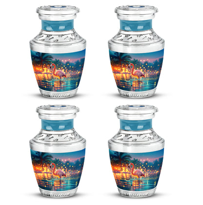 Jewel Teal Flamingo Cremation Urn back view with polished surface - contemporary flamingo design with modern artistic flair - 10 inch aluminum urn for cremated remains