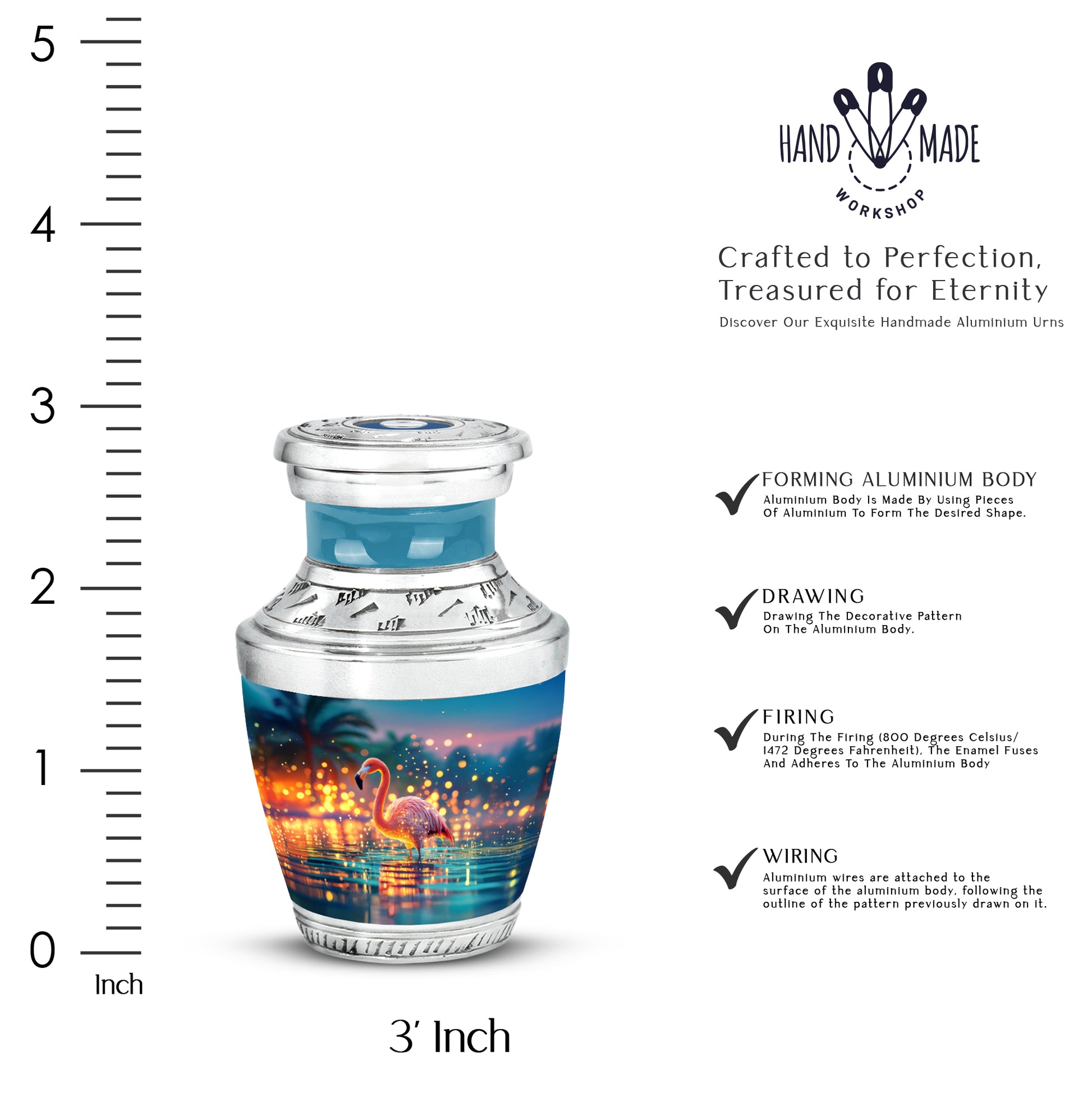 Sea Green Teal Flamingo Cremation Urn top-down view of secure threaded lid - modern art-inspired flamingo motif on sleek aluminum - mini keepsake memorial for portion of cremation ashes