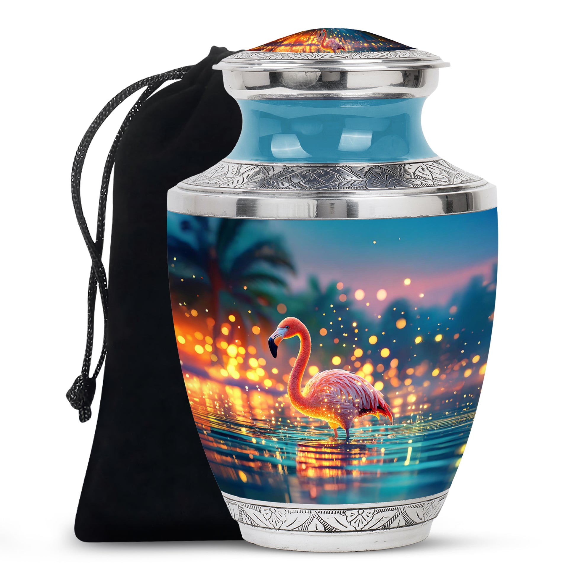 Mystic Teal Flamingo Cremation Urn side profile showing urn shape - artistic flamingo interpretation with creative detail - full-size 10 inch 200 cubic inch adult cremation urn