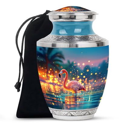 Mystic Teal Flamingo Cremation Urn side profile showing urn shape - artistic flamingo interpretation with creative detail - full-size 10 inch 200 cubic inch adult cremation urn