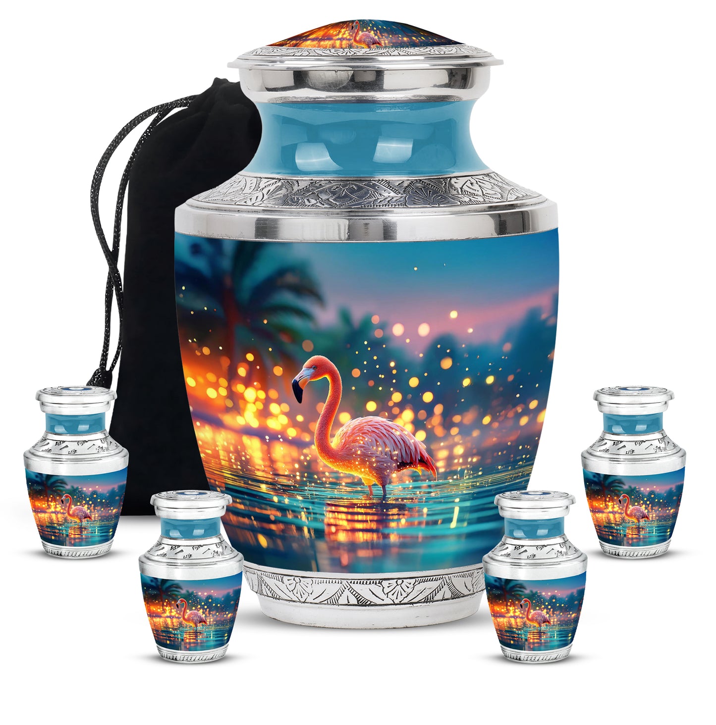 Aqua Teal Flamingo Cremation Urn lifestyle display on memorial shelf - artistic flamingo interpretation with creative detail - memorial set with one large and four small urns