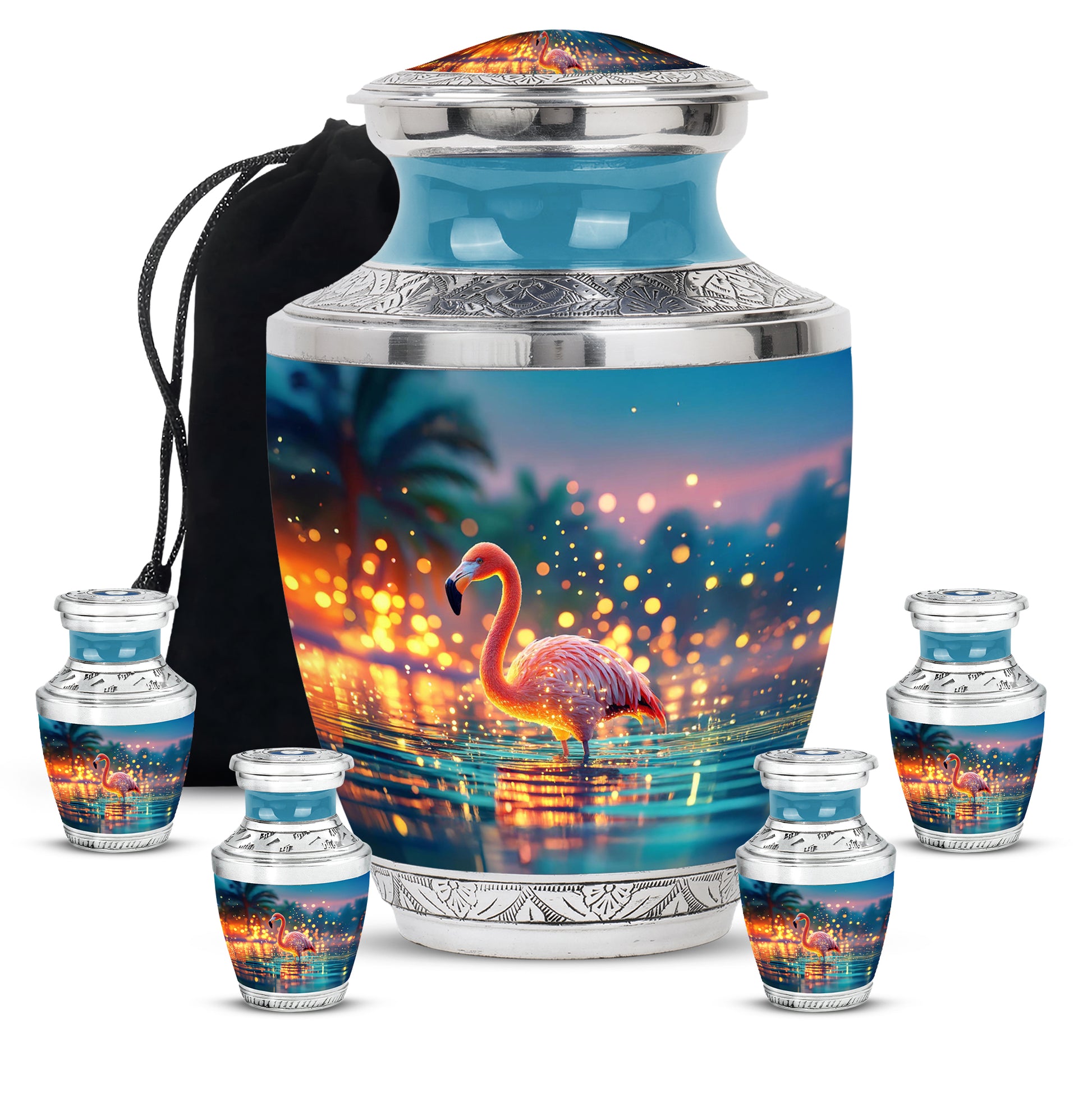 Aqua Teal Flamingo Cremation Urn lifestyle display on memorial shelf - artistic flamingo interpretation with creative detail - memorial set with one large and four small urns