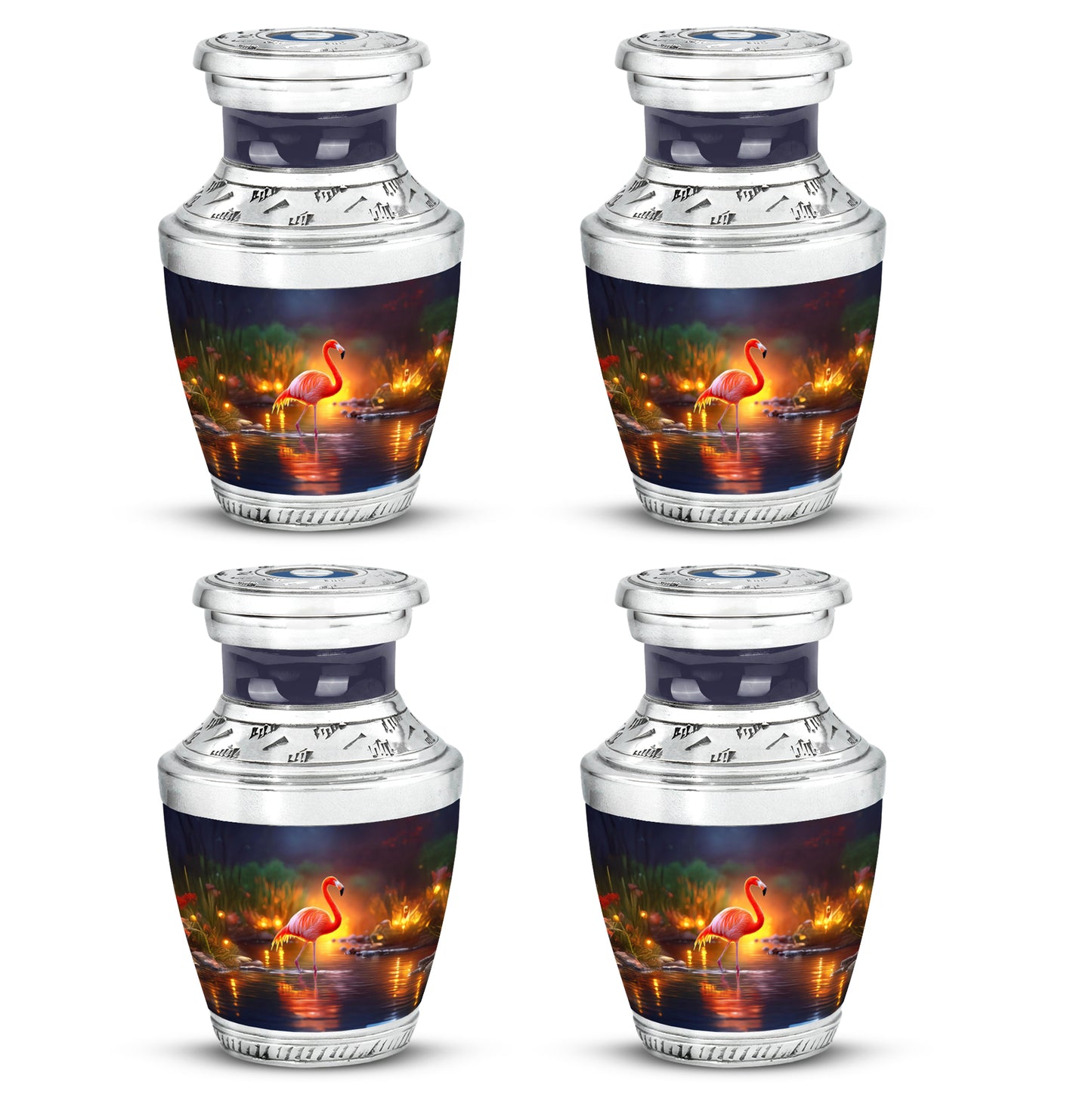 Steel Blue Flamingo Cremation Urn back view with polished surface - stylized abstract flamingo pattern with bold lines - 10 inch aluminum urn for cremated remains