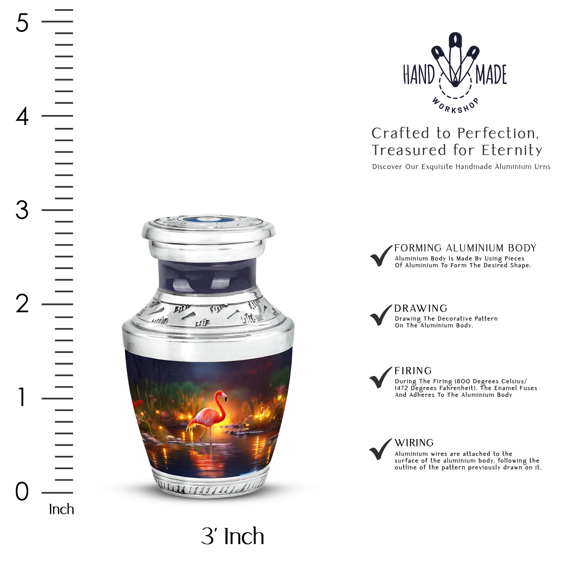 Powder Blue Flamingo Cremation Urn top-down view of secure threaded lid - contemporary flamingo design with modern artistic flair - mini keepsake memorial for portion of cremation ashes