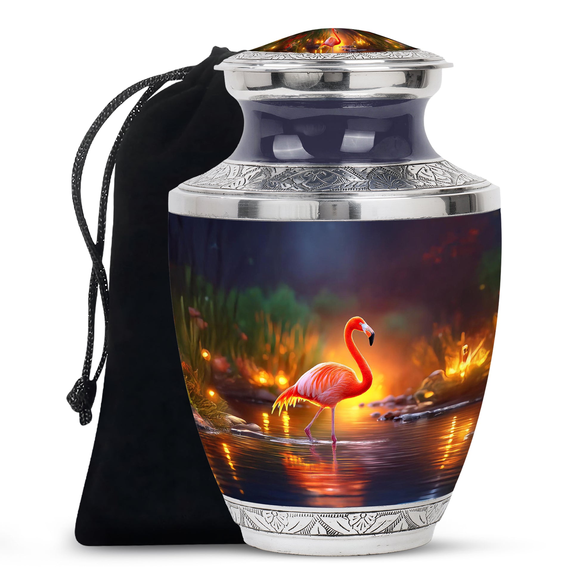Misty Blue Flamingo Cremation Urn side profile showing urn shape - modern art-inspired flamingo motif on sleek aluminum - full-size 10 inch 200 cubic inch adult cremation urn