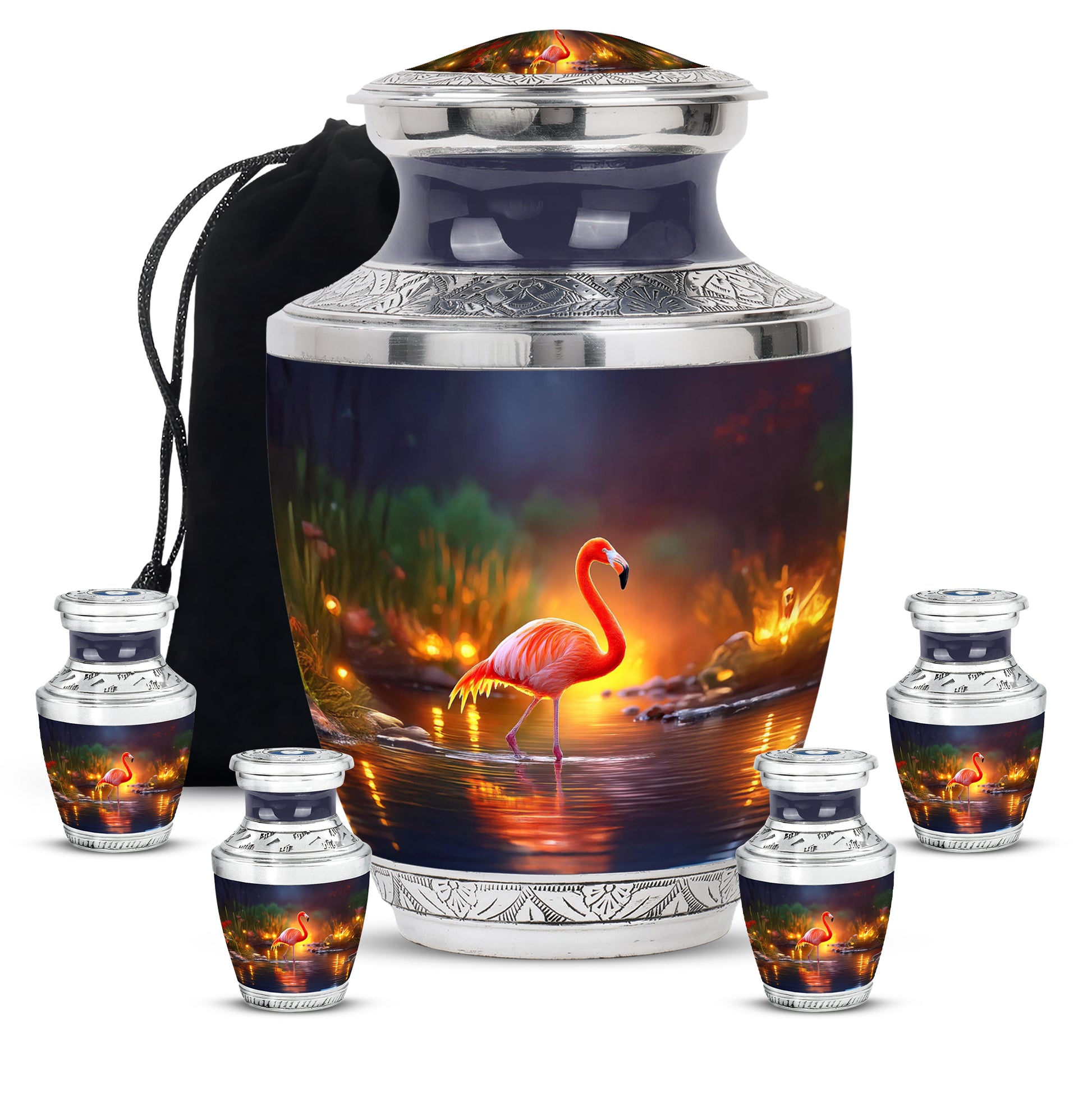 Celestial Blue Flamingo Cremation Urn lifestyle display on memorial shelf - modern art-inspired flamingo motif on sleek aluminum - memorial set with one large and four small urns
