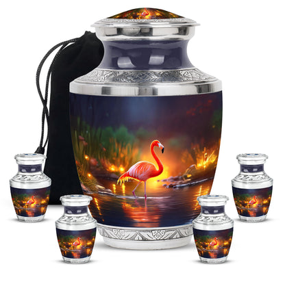 Celestial Blue Flamingo Cremation Urn lifestyle display on memorial shelf - modern art-inspired flamingo motif on sleek aluminum - memorial set with one large and four small urns