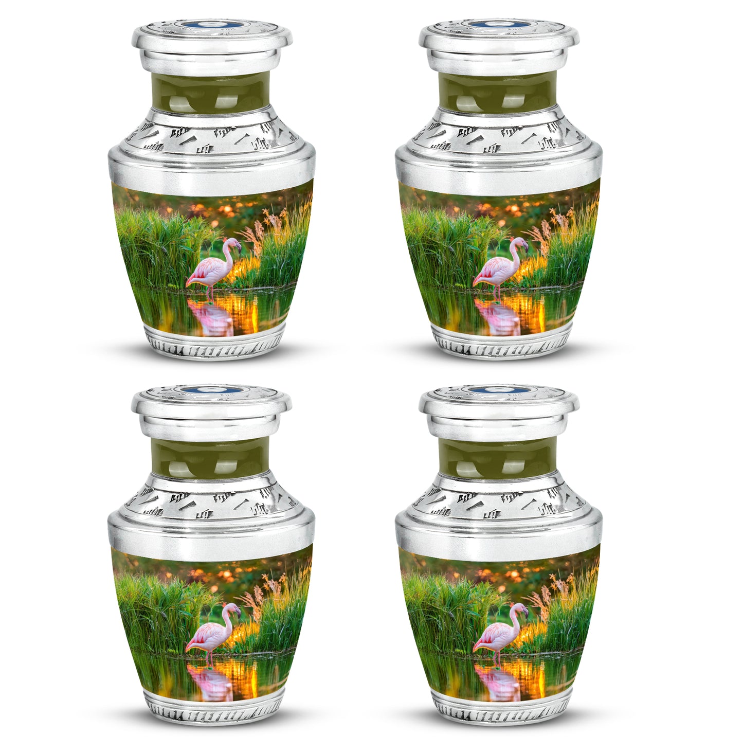 Amber Gold Flamingo Cremation Urn back view with polished surface - contemporary flamingo design with modern artistic flair - 10 inch aluminum urn for cremated remains