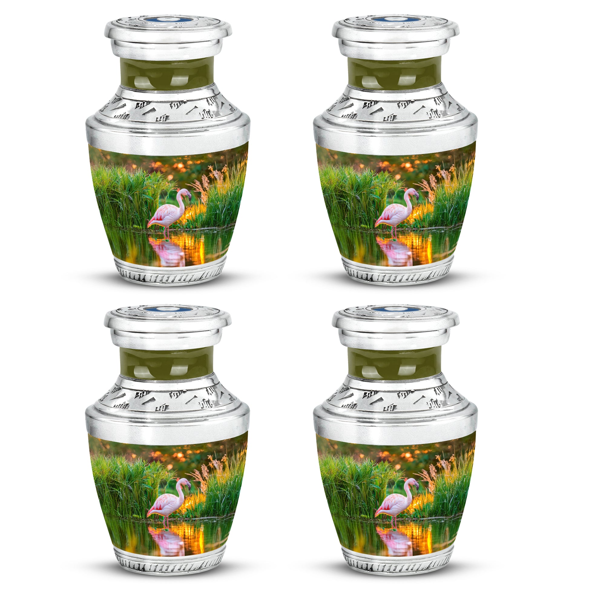 Amber Gold Flamingo Cremation Urn back view with polished surface - contemporary flamingo design with modern artistic flair - 10 inch aluminum urn for cremated remains