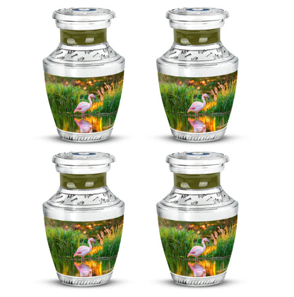 Amber Gold Flamingo Cremation Urn back view with polished surface - contemporary flamingo design with modern artistic flair - 10 inch aluminum urn for cremated remains