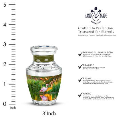 Amber Gold Flamingo Cremation Urn top-down view of secure threaded lid - contemporary flamingo design with modern artistic flair - mini keepsake memorial for portion of cremation ashes