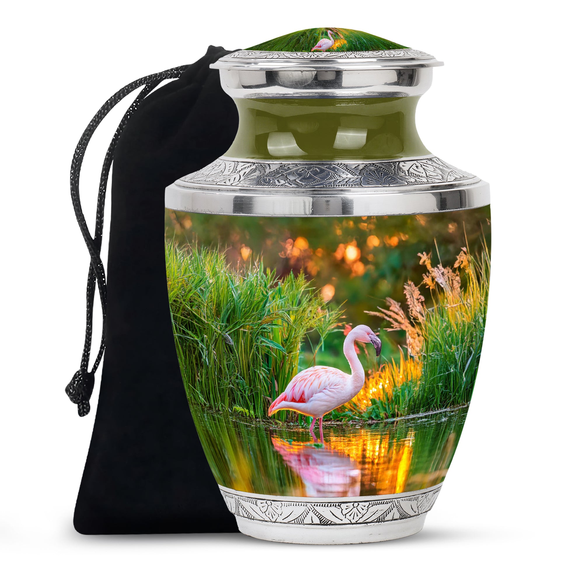 Royal Gold Flamingo Cremation Urn side profile showing urn shape - stylized abstract flamingo pattern with bold lines - full-size 10 inch 200 cubic inch adult cremation urn