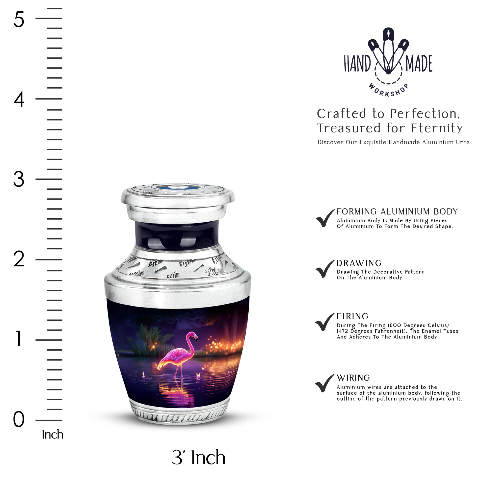Lavender Purple Flamingo Cremation Urn top-down view of secure threaded lid - stylized abstract flamingo pattern with bold lines - mini keepsake memorial for portion of cremation ashes