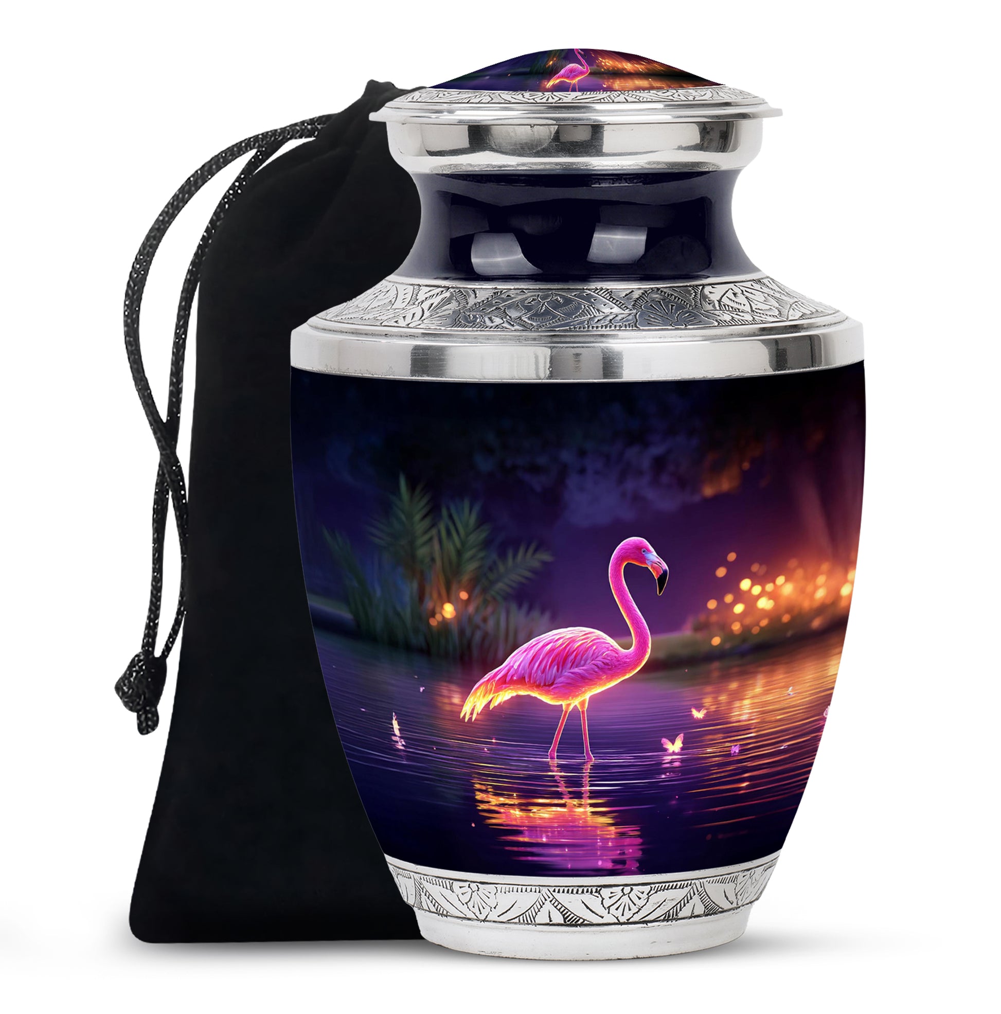 Royal Purple Flamingo Cremation Urn side profile showing urn shape - artistic flamingo interpretation with creative detail - full-size 10 inch 200 cubic inch adult cremation urn