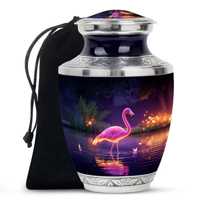 Royal Purple Flamingo Cremation Urn side profile showing urn shape - artistic flamingo interpretation with creative detail - full-size 10 inch 200 cubic inch adult cremation urn