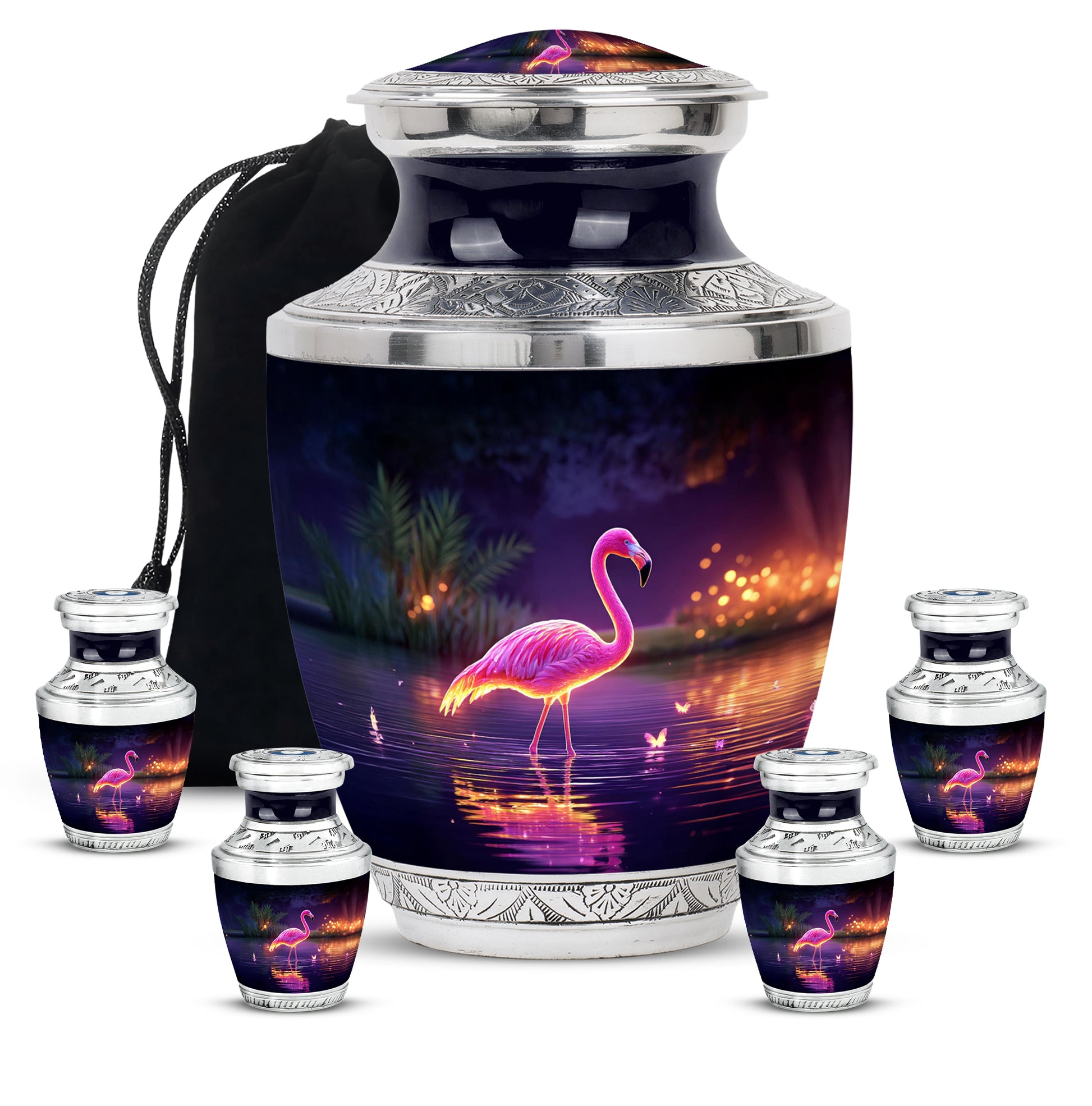 Grape Purple Flamingo Cremation Urn lifestyle display on memorial shelf - artistic flamingo interpretation with creative detail - memorial set with one large and four small urns