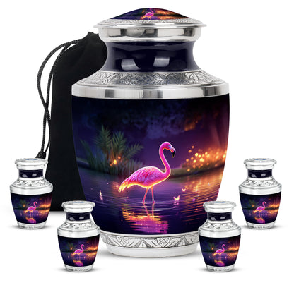Grape Purple Flamingo Cremation Urn lifestyle display on memorial shelf - artistic flamingo interpretation with creative detail - memorial set with one large and four small urns