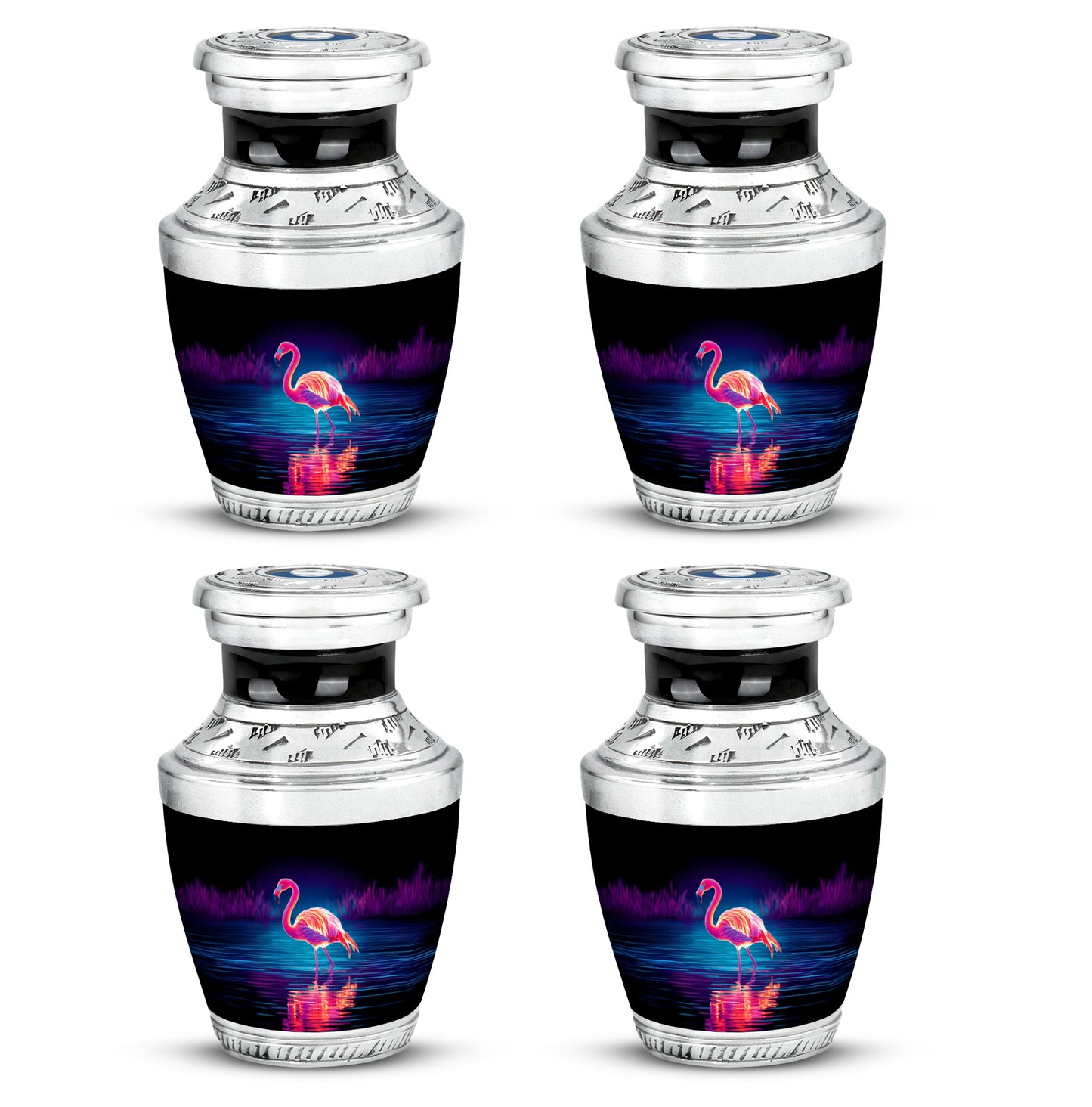 Rich Black Flamingo Cremation Urn back view with polished surface - modern art-inspired flamingo motif on sleek aluminum - 10 inch aluminum urn for cremated remains