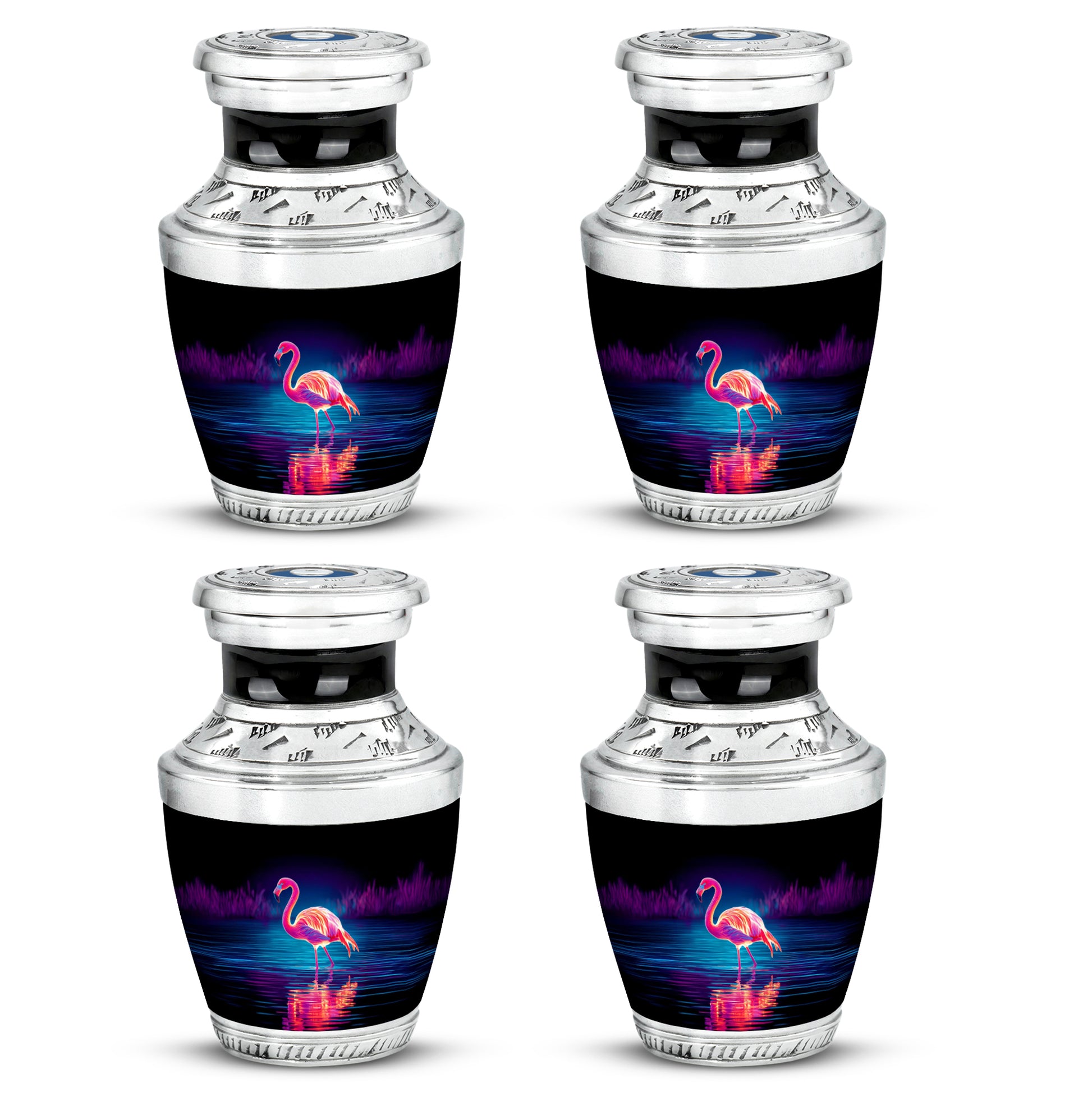 Rich Black Flamingo Cremation Urn back view with polished surface - modern art-inspired flamingo motif on sleek aluminum - 10 inch aluminum urn for cremated remains
