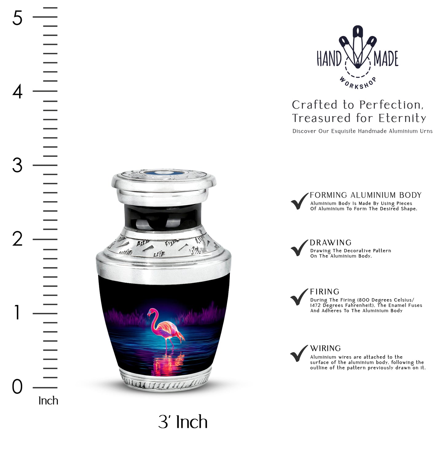 Charcoal Black Flamingo Cremation Urn top-down view of secure threaded lid - stylized abstract flamingo pattern with bold lines - mini keepsake memorial for portion of cremation ashes