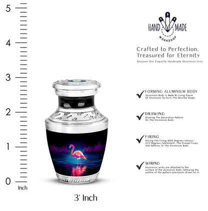Charcoal Black Flamingo Cremation Urn top-down view of secure threaded lid - stylized abstract flamingo pattern with bold lines - mini keepsake memorial for portion of cremation ashes