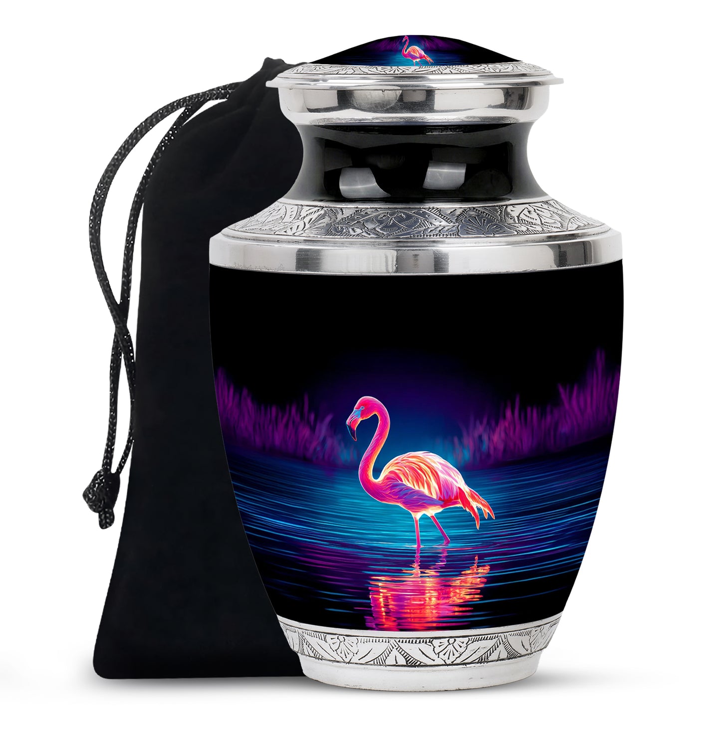 Rich Black Flamingo Cremation Urn side profile showing urn shape - contemporary flamingo design with modern artistic flair - full-size 10 inch 200 cubic inch adult cremation urn