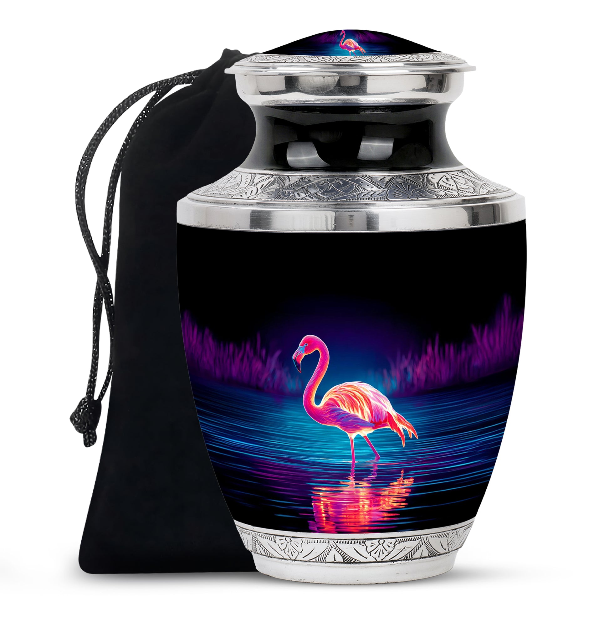 Rich Black Flamingo Cremation Urn side profile showing urn shape - contemporary flamingo design with modern artistic flair - full-size 10 inch 200 cubic inch adult cremation urn